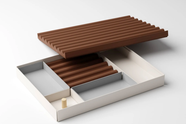 A tray with small, organized compartments and ridged removable lids.