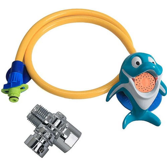A playful dolphin-shaped showerhead with a yellow hose attachment designed for kids.