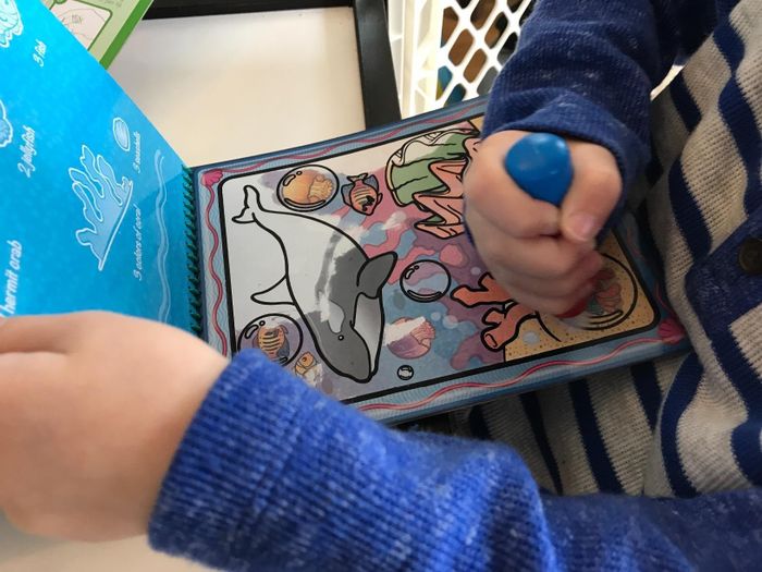A reviewer's image of a small child engaged with the Water Wow! book