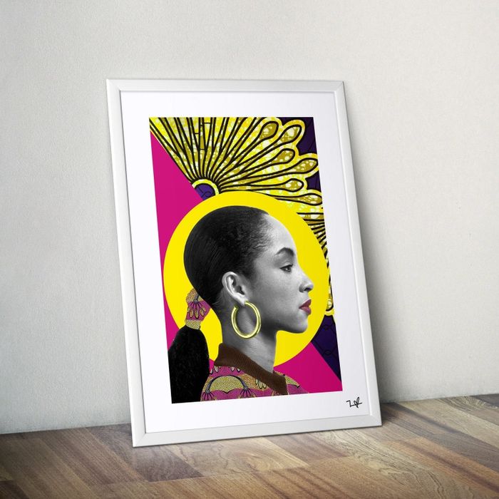 A profile image of Sade, set against a vivid backdrop of yellow, fuchsia, and touches of purple.
