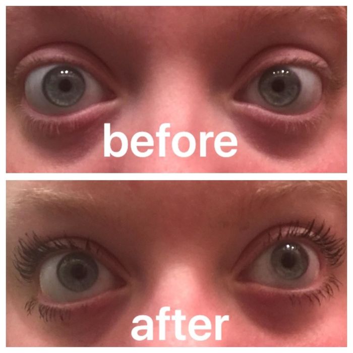 Another reviewer’s before and after showcasing how the mascara made their light lashes visible and longer