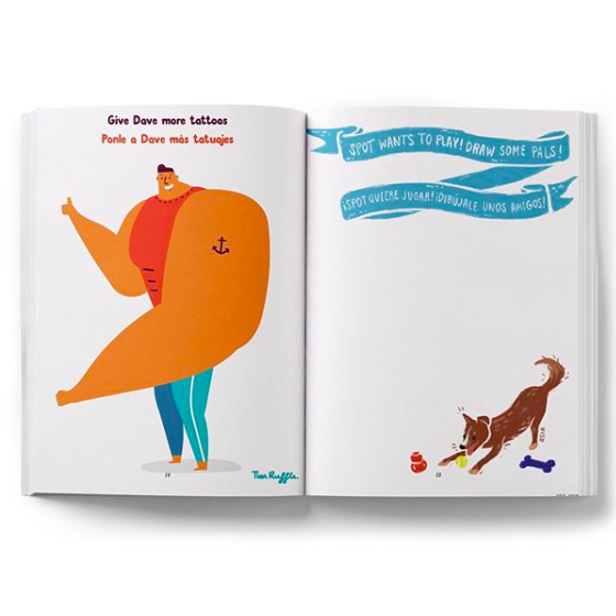 Two example pages, one prompting kids to draw more tattoos on a large man's arm, and another encouraging them to add more friends for a dog