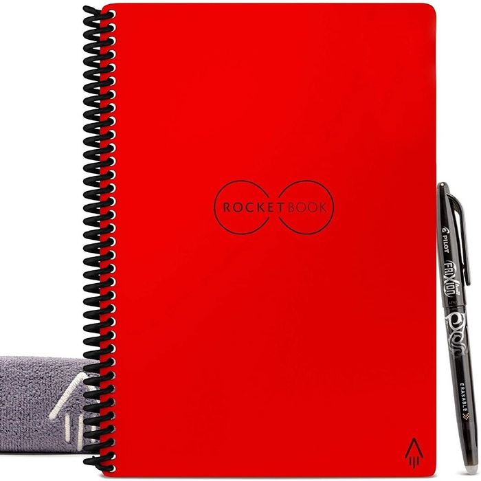 The red notebook with the included pen and microfiber cleaning cloth.