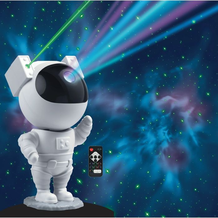 A white Astronaut Galaxy Light Projector emitting vibrant rays of color