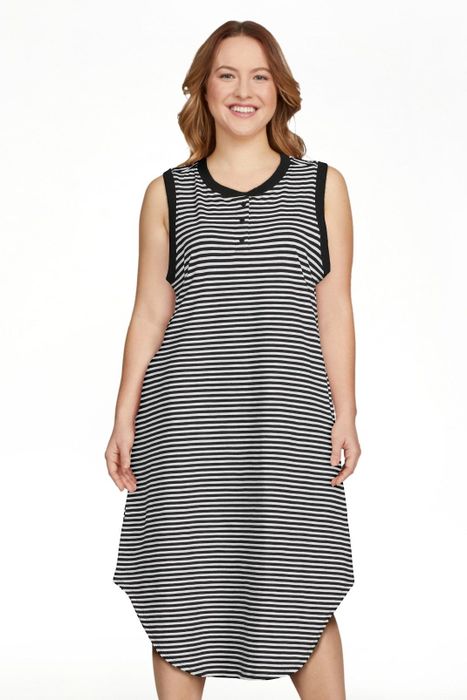 Model showcasing the black and white striped dress