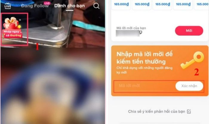 Chọn biểu tượng hộp quà, nhập mã mời và nhấn Xác nhận