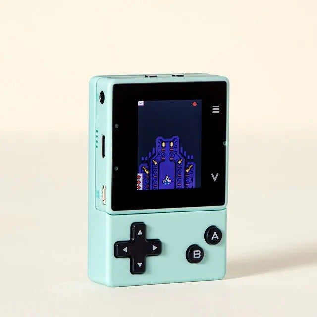 A little blue handheld gaming console.
