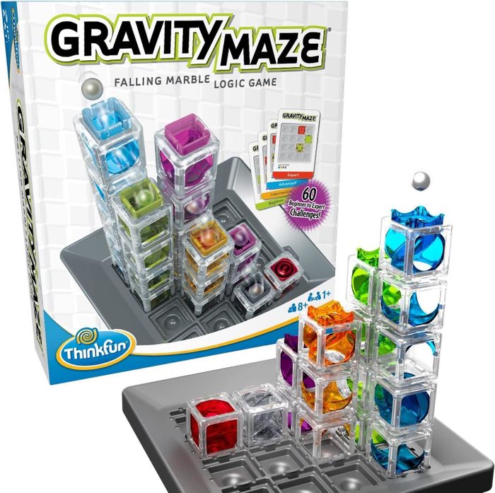 Gravity Maze game box featuring vibrant towers and marbles, includes 60 challenges