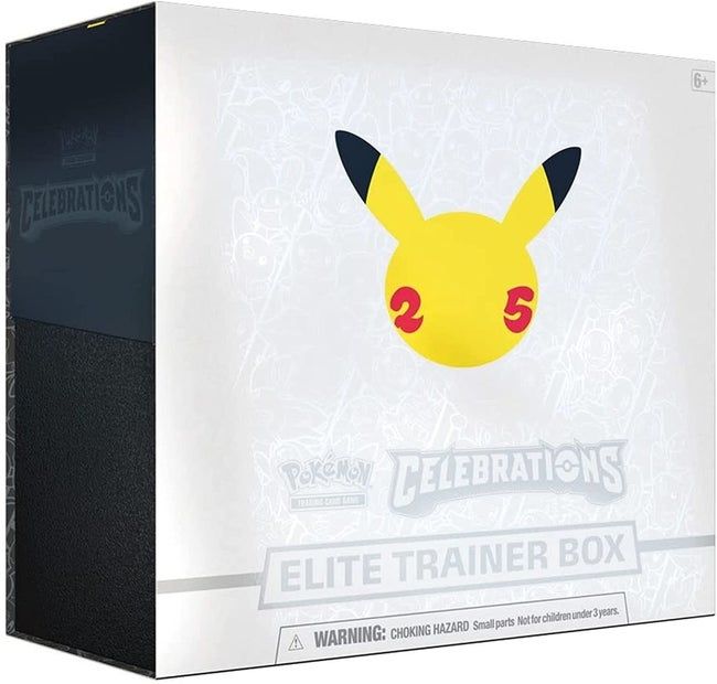 The elite trainer box with the Pikachu logo and the number 25 displayed prominently on the front.