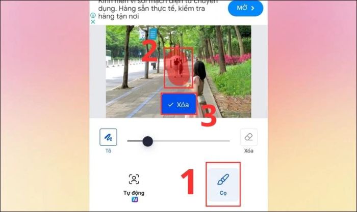 Khi chọn xóa thủ công, ấn vào biểu tượng Cọ và tô lên đối tượng cần xóa, rồi nhấn Xóa tiếp theo.