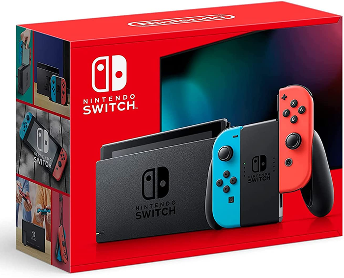 The Nintendo Switch box, showing the black console with red and blue Joy-Con controllers