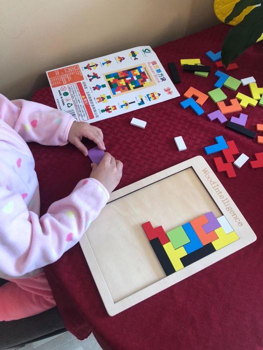 Reviewer’s photo showing their child working on the puzzle, using a leaflet with various diagrams for guidance