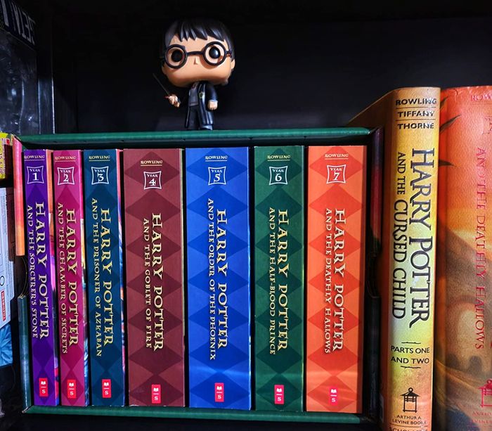 Reviewer's display of the seven Harry Potter books, topped with a Harry Potter toy.