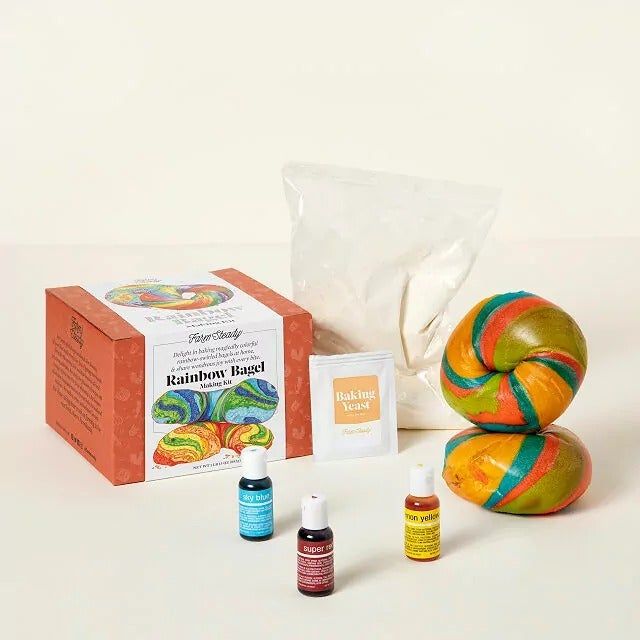 The rainbow bagel kit, complete with two bagels, yeast, food coloring, and bagel mix