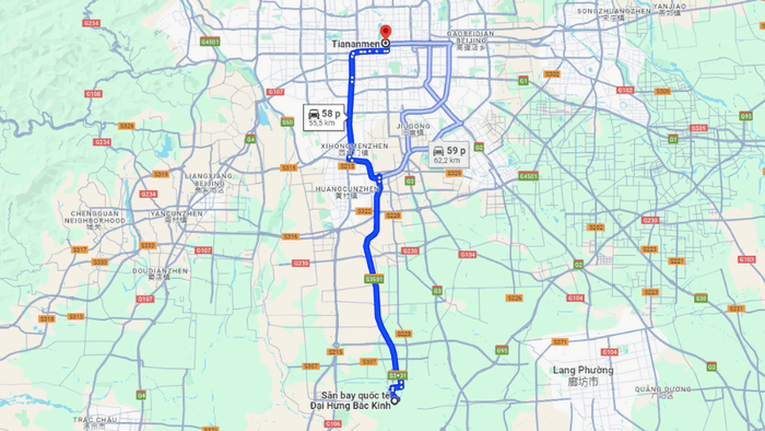 The route from the airport to the city center