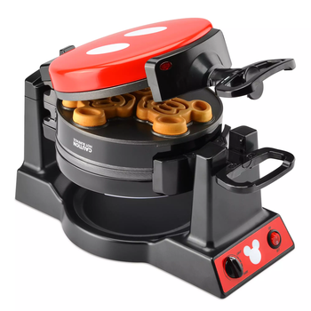 A red and black Mickey Mouse waffle maker