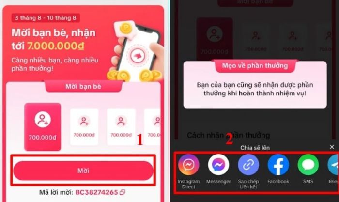 Nhấn vào Mời và chia sẻ liên kết mã mời