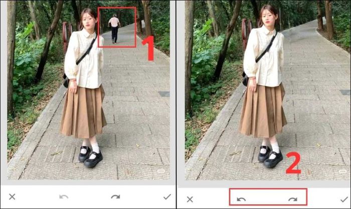 Sử dụng tay để bôi vào người cần xóa trong ảnh trên iPhone.