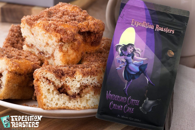 Alice in Wonderland-themed coffee alongside crumb cakes