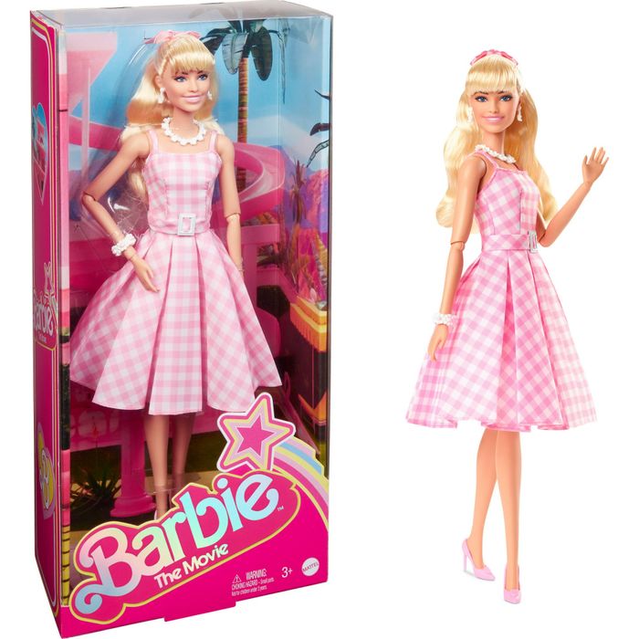 The Barbie doll from the movie, dressed in a charming pink gingham dress