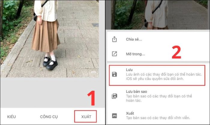 Chọn mục Xuất và tiếp tục chọn Lưu để tải ảnh về máy.