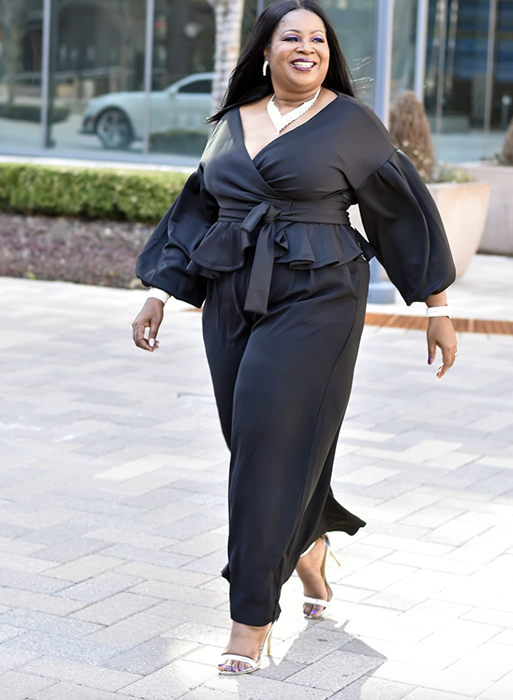 Customer wearing the black palazzo pants
