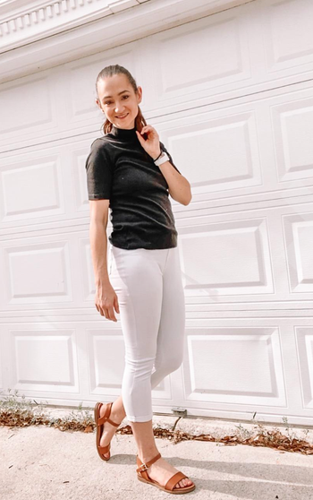 Customer styling the top with pants