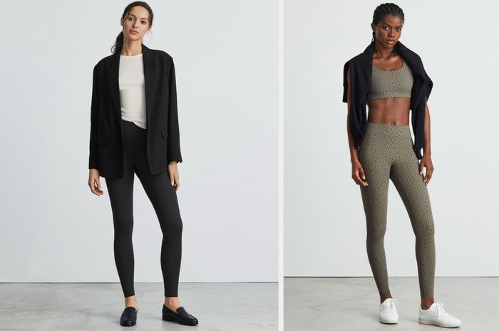 A model wearing black leggings styled with black loafers and a blazer, alongside another model in green and black polka dot leggings paired with a matching sports bra and white sneakers