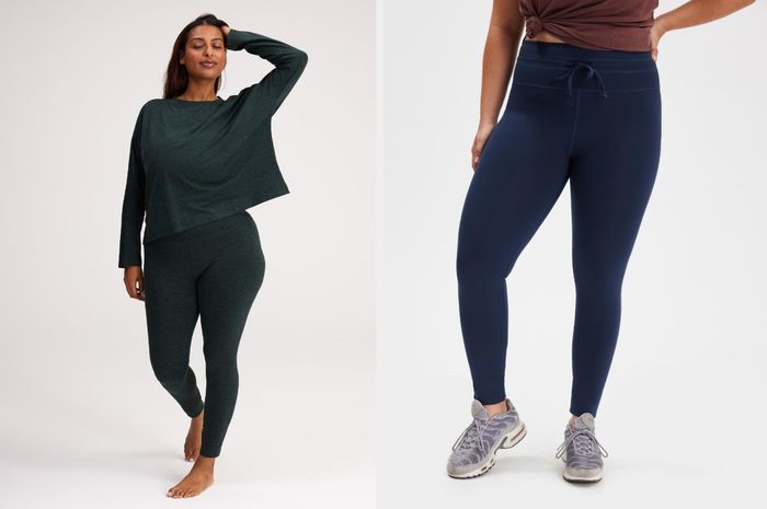 A model showcasing emerald green leggings paired with a matching long-sleeve top, alongside another model wearing navy leggings featuring a drawstring and sneakers
