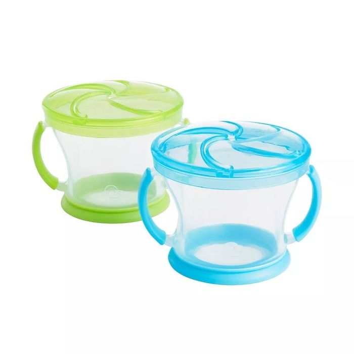 Clear snack containers in green and blue colors