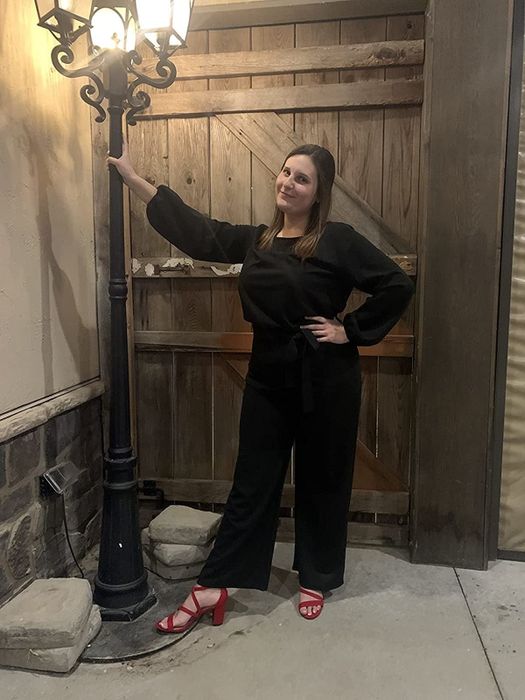 Customer wearing the jumpsuit in black
