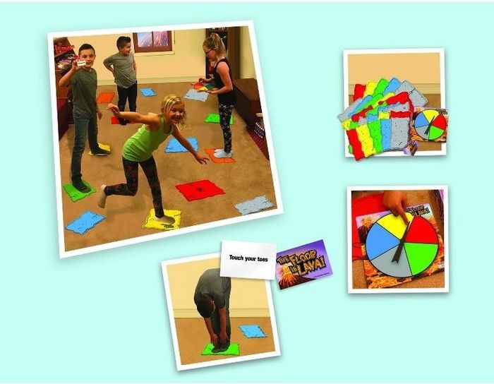 Children playing the Floor is Lava game, jumping from tile to tile