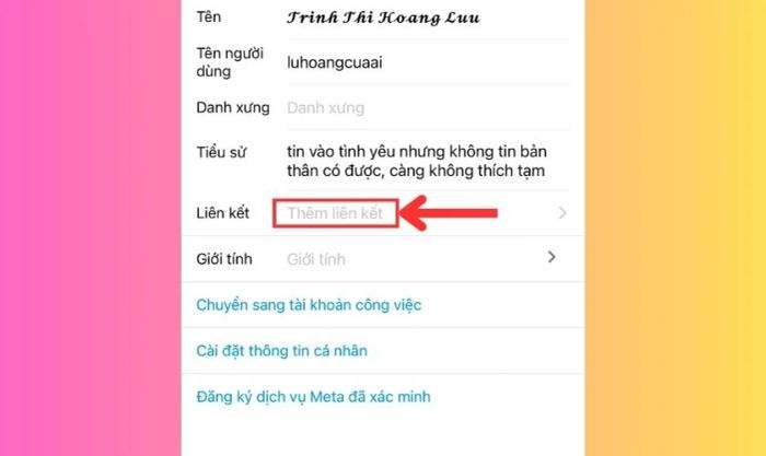 Chọn mục Thêm liên kết trong phần Liên kết