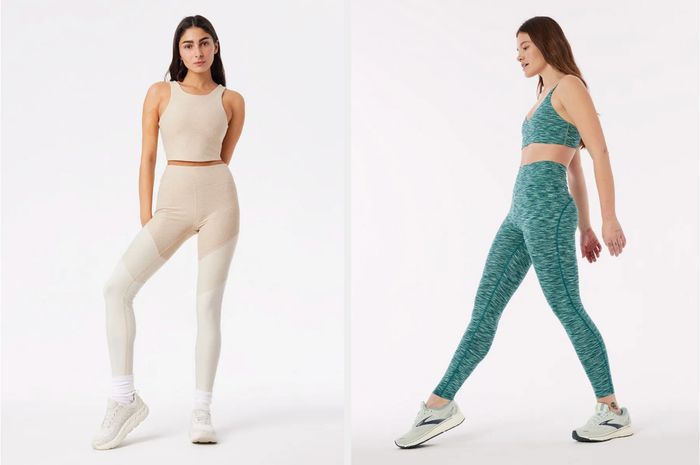 A model wearing tan, beige, and cream leggings paired with a beige sports bra, alongside another model in green and teal leggings with a matching sports bra
