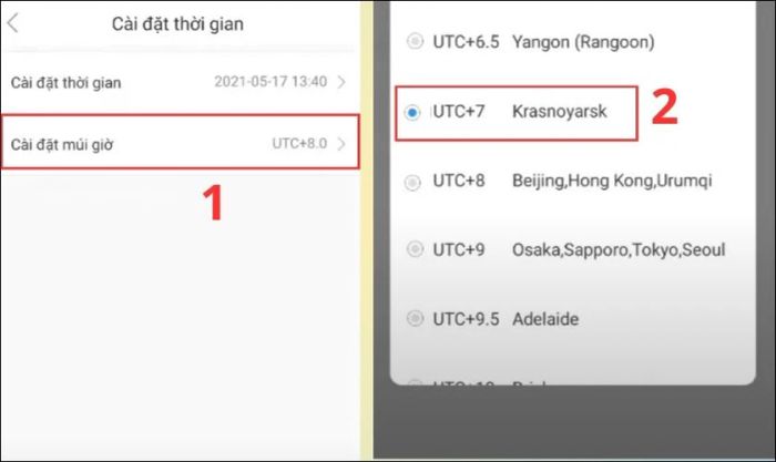 Chọn vào Cài đặt múi giờ, sau đó tìm và chọn múi giờ UTC +7