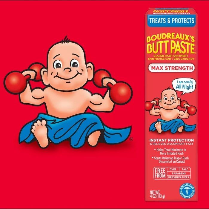 Red packaging and a baby logo for the Butt Paste brand