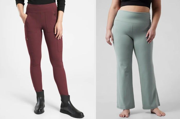 A model wearing brown leggings with pockets styled with black Chelsea boots, and another model showcasing high-waisted green flare leggings