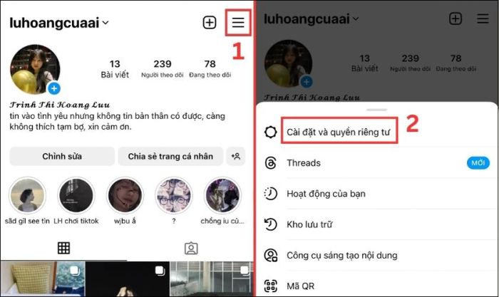 Nhấn vào mục Cài đặt và quyền riêng tư để tiếp tục