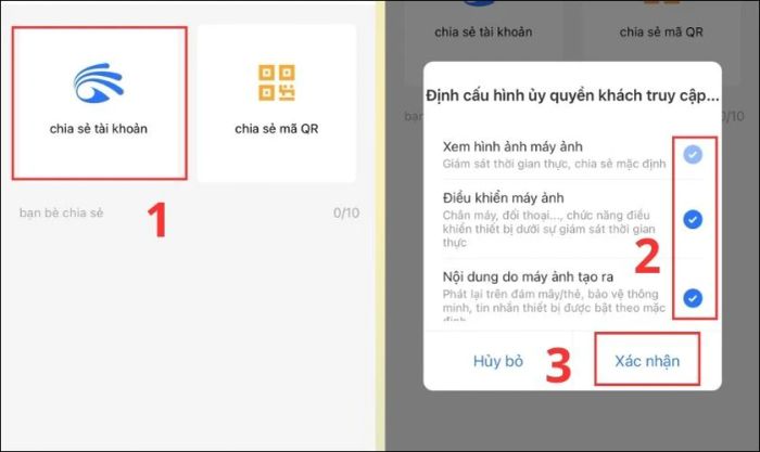 Thiết lập quyền đối với camera mà bạn muốn chia sẻ cho tài khoản khác