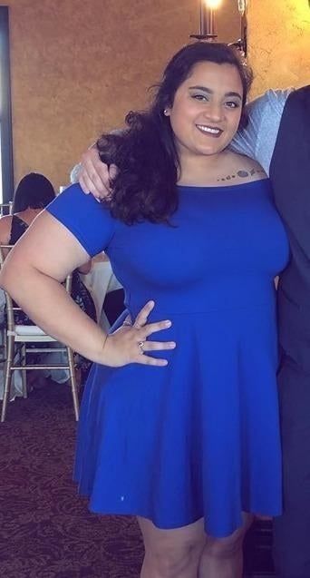 The dress in a cool blue hue.