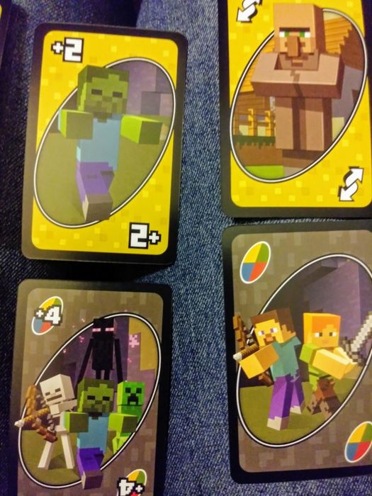 Reviewer's photo of the Uno Minecraft card game in action