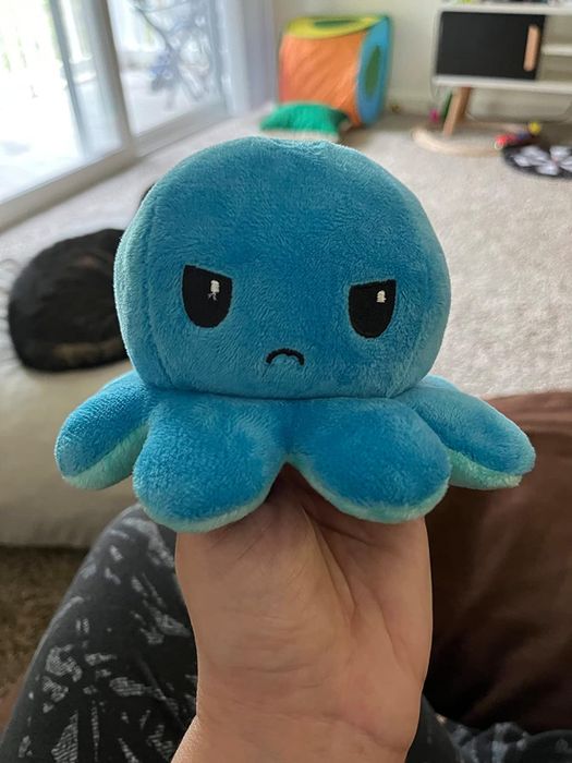 one side of a plush octopus displaying a grumpy expression