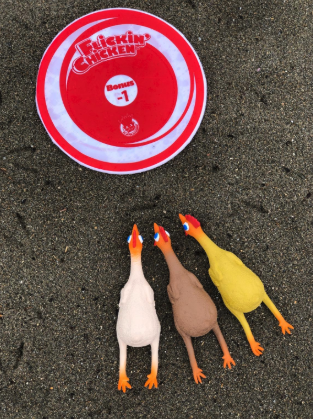 A bullseye target and three rubber chickens