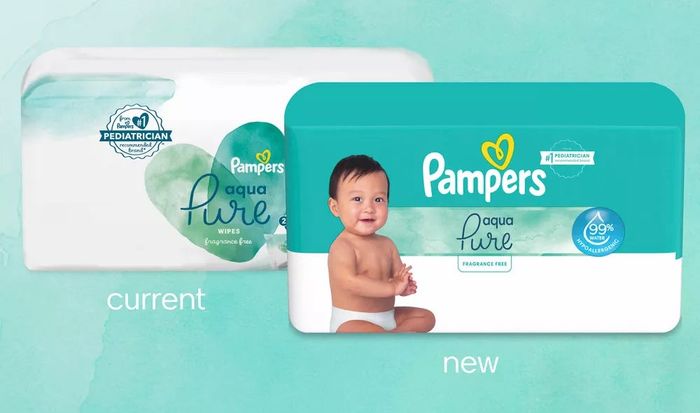 Packaging redesign for Pampers Aqua Pure wipes featuring a smiling baby; comparison between the old and new packaging designs