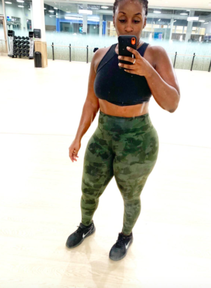 A reviewer wears the same style of leggings in a camo print.