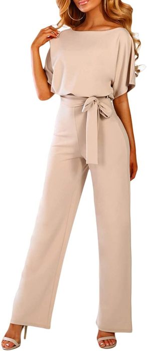Model showcasing the jumpsuit in apricot