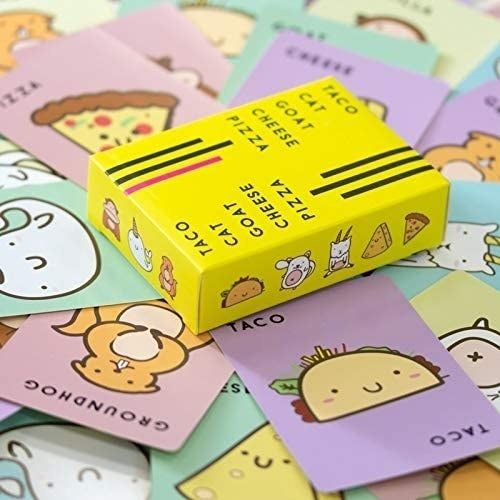 A spread of different cards face up, each in a soft pastel color with a unique character and their name (e.g.,