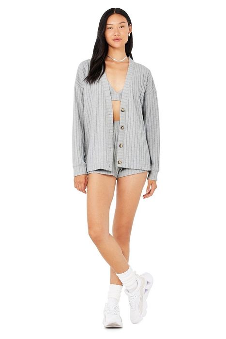 Model wearing the gray loungewear set