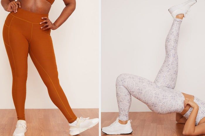 A model sporting burnt orange leggings with pockets paired with a matching sports bra, and another model in a yoga pose wearing white and blue medallion-patterned leggings with a coordinating sports bra