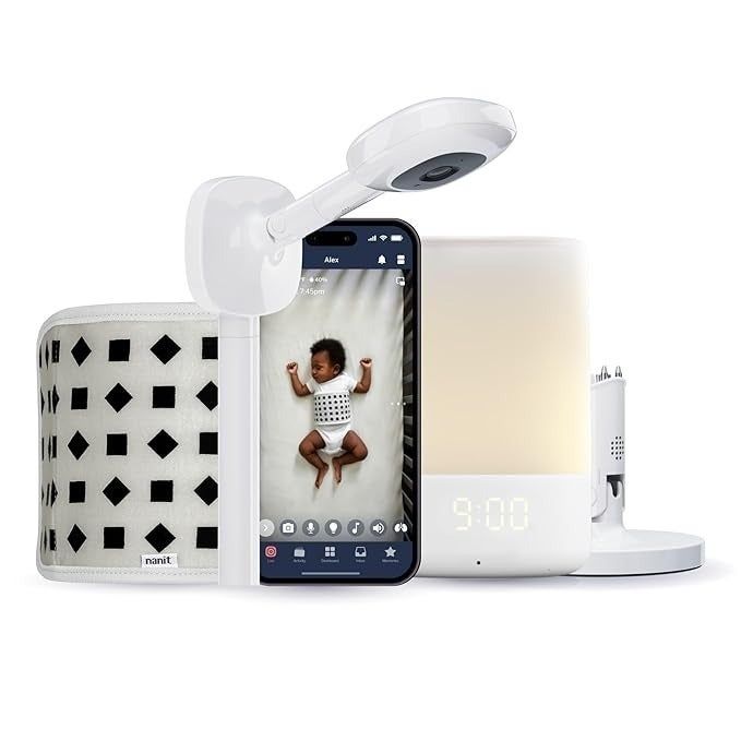 The Nanit baby monitor displays a baby sleeping on the screen, with a wearable monitor, smart nightlight, and charging base, as seen in a shopping guide.